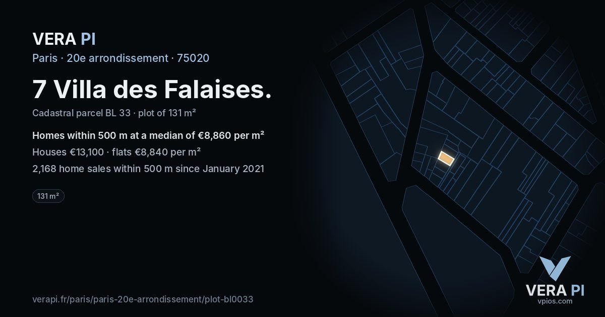 7 Villa des Falaises, 20e arrondissement at night – the plot lit, the parcels around coloured by the prices near them