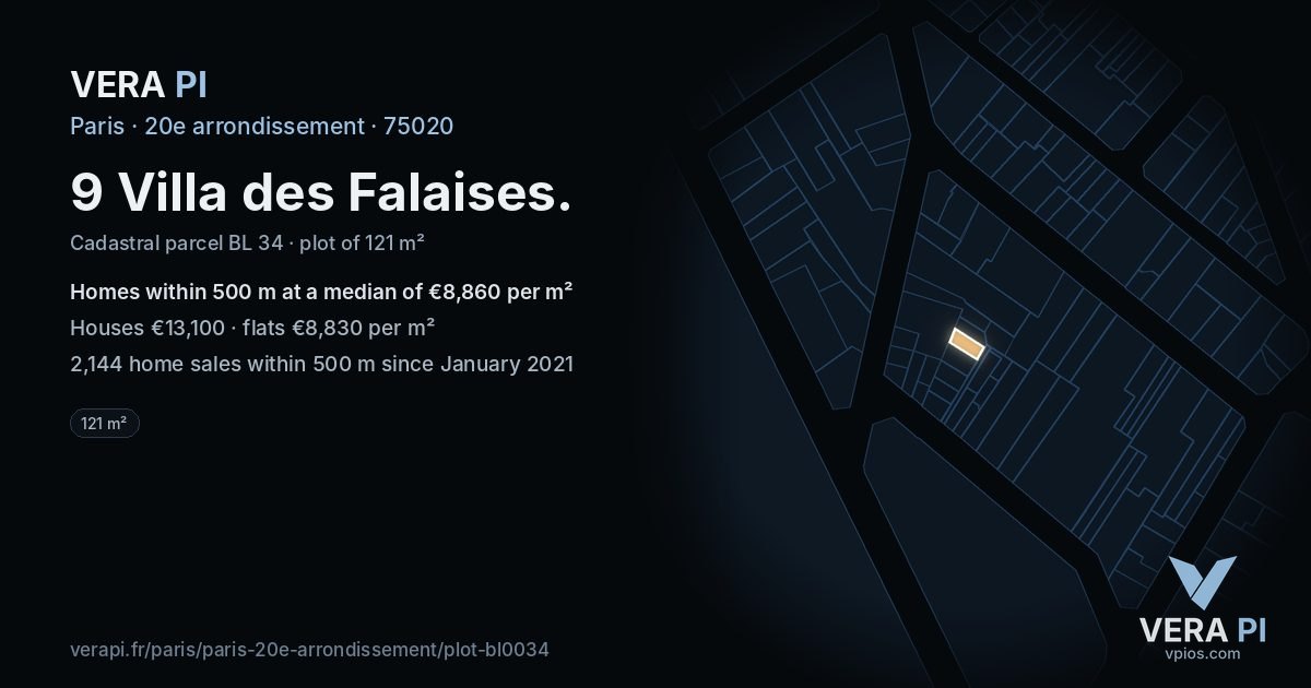 9 Villa des Falaises, 20e arrondissement at night – the plot lit, the parcels around coloured by the prices near them