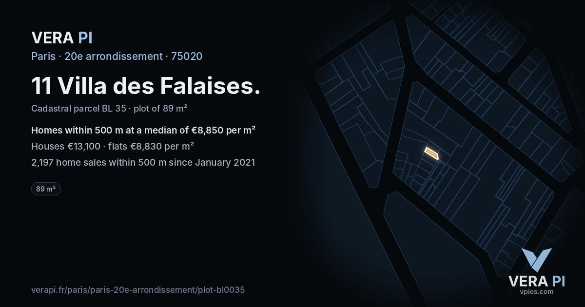 11 Villa des Falaises, 20e arrondissement at night – the plot lit, the parcels around coloured by the prices near them