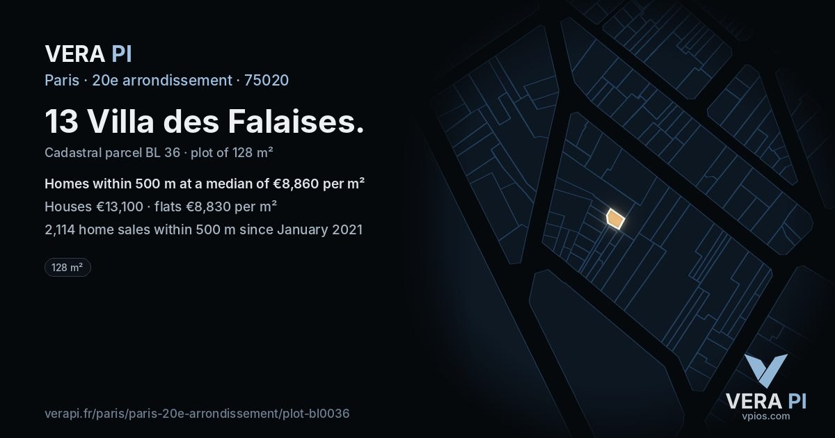 13 Villa des Falaises, 20e arrondissement at night – the plot lit, the parcels around coloured by the prices near them