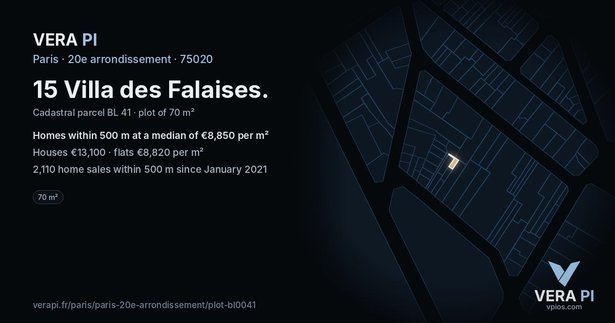 15 Villa des Falaises, 20e arrondissement at night – the plot lit, the parcels around coloured by the prices near them