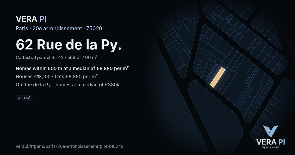 62 Rue de la Py, 20e arrondissement at night – the plot lit, the parcels around coloured by the prices near them