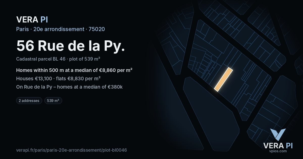56 Rue de la Py, 20e arrondissement at night – the plot lit, the parcels around coloured by the prices near them