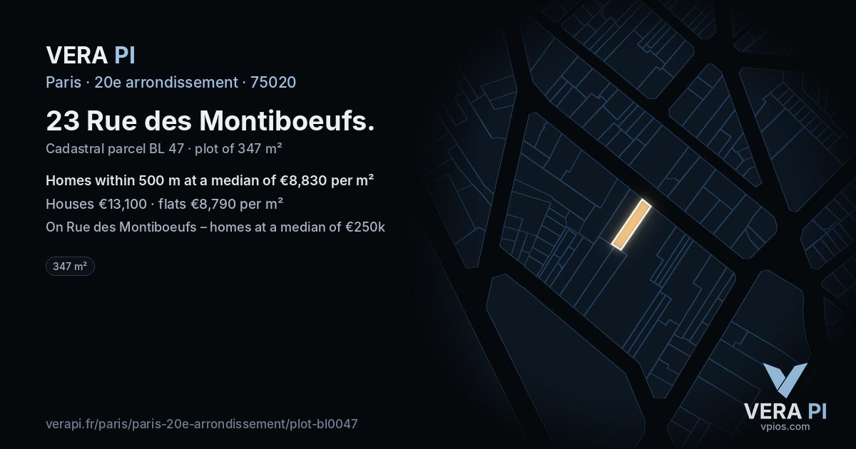 23 Rue des Montiboeufs, 20e arrondissement at night – the plot lit, the parcels around coloured by the prices near them