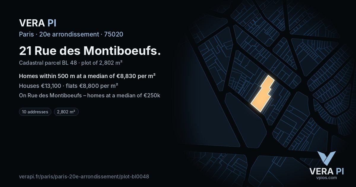 21 Rue des Montiboeufs, 20e arrondissement at night – the plot lit, the parcels around coloured by the prices near them