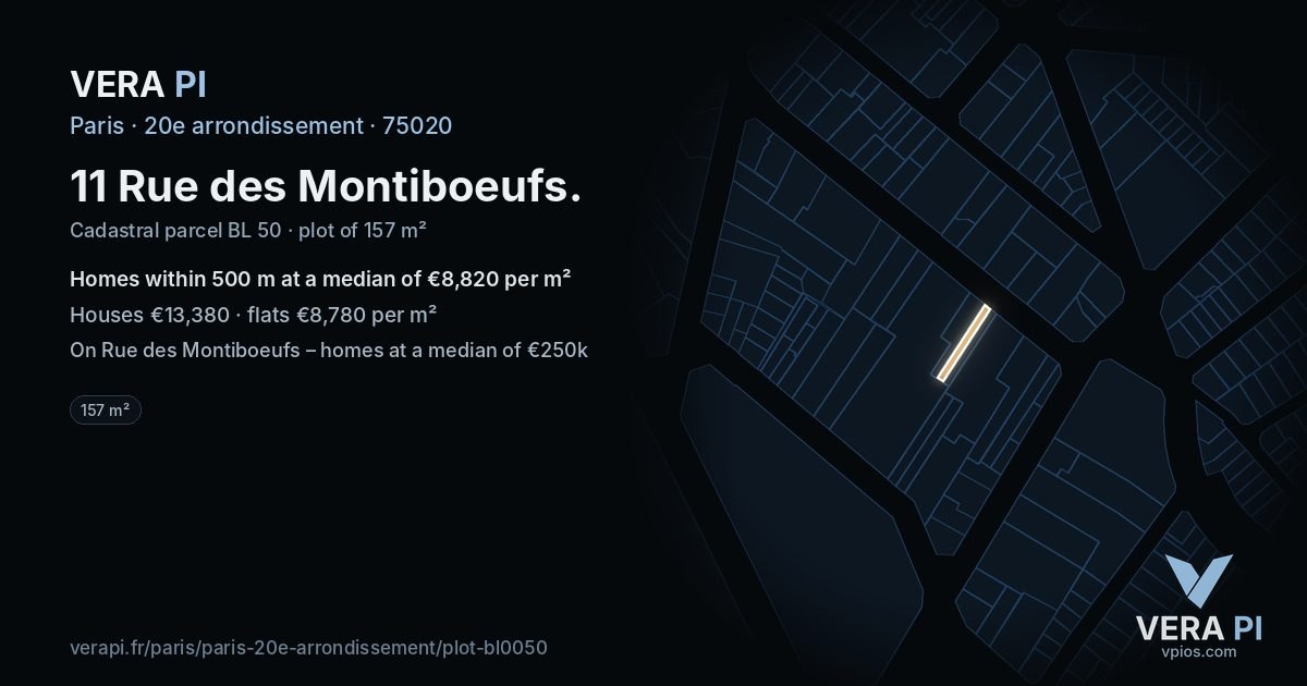 11 Rue des Montiboeufs, 20e arrondissement at night – the plot lit, the parcels around coloured by the prices near them