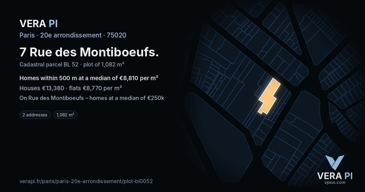 7 Rue des Montiboeufs, 20e arrondissement at night – the plot lit, the parcels around coloured by the prices near them