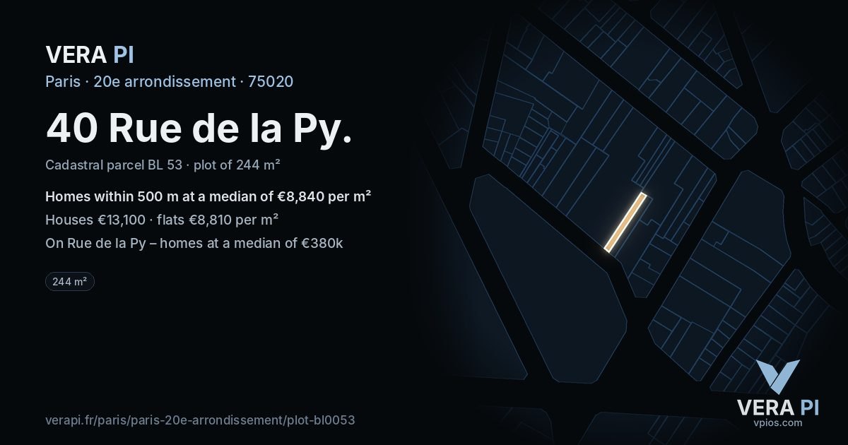 40 Rue de la Py, 20e arrondissement at night – the plot lit, the parcels around coloured by the prices near them