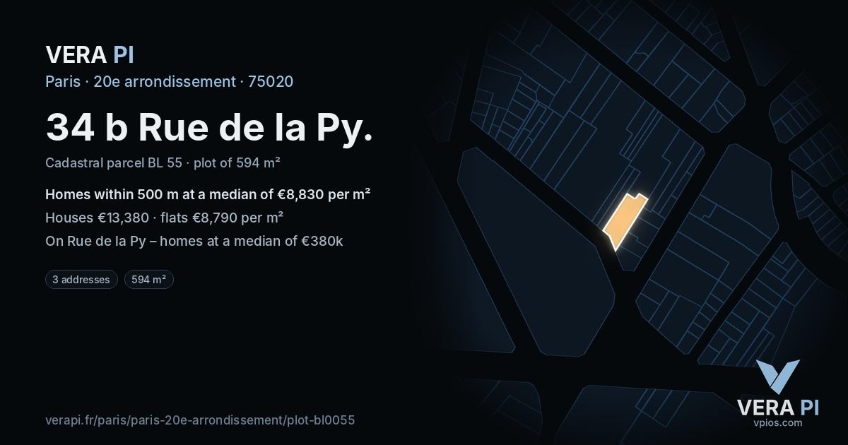 34 b Rue de la Py, 20e arrondissement at night – the plot lit, the parcels around coloured by the prices near them