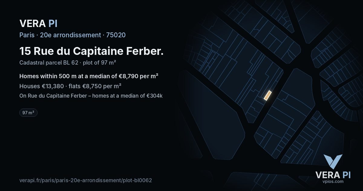 15 Rue du Capitaine Ferber, 20e arrondissement at night – the plot lit, the parcels around coloured by the prices near them
