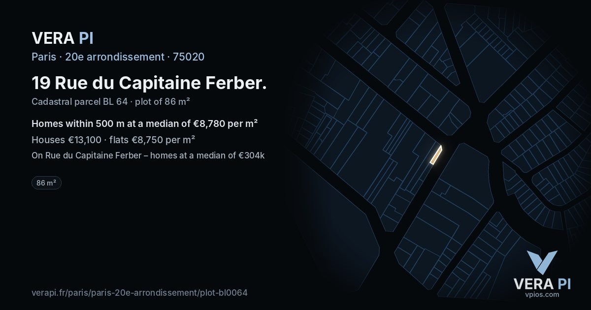19 Rue du Capitaine Ferber, 20e arrondissement at night – the plot lit, the parcels around coloured by the prices near them