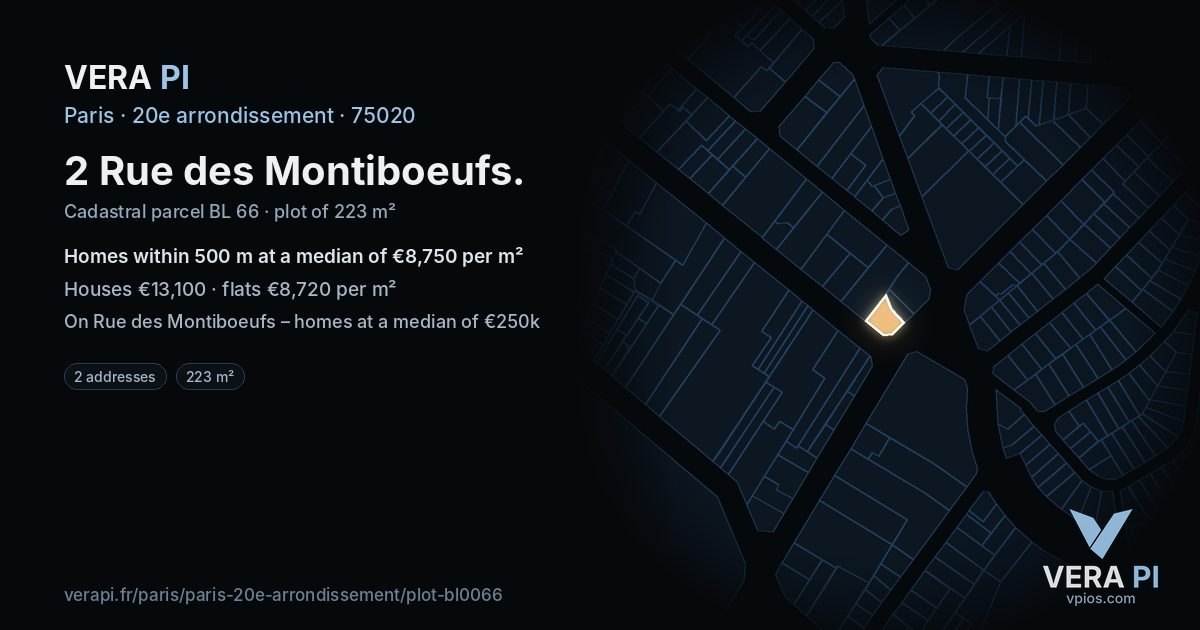 2 Rue des Montiboeufs, 20e arrondissement at night – the plot lit, the parcels around coloured by the prices near them
