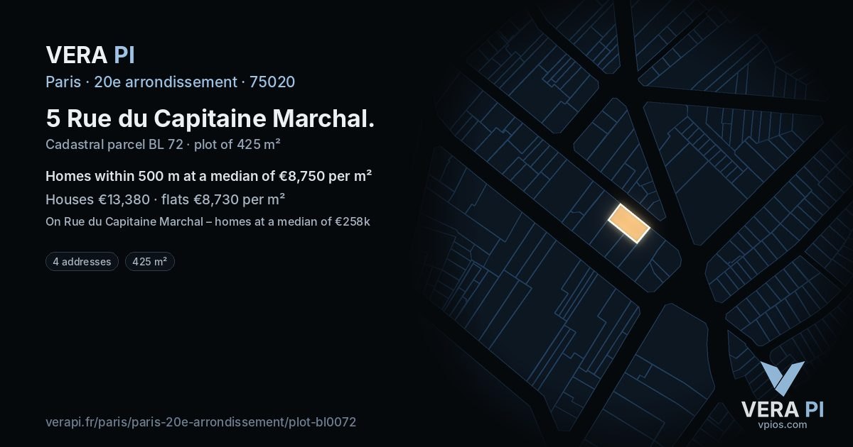 5 Rue du Capitaine Marchal, 20e arrondissement at night – the plot lit, the parcels around coloured by the prices near them
