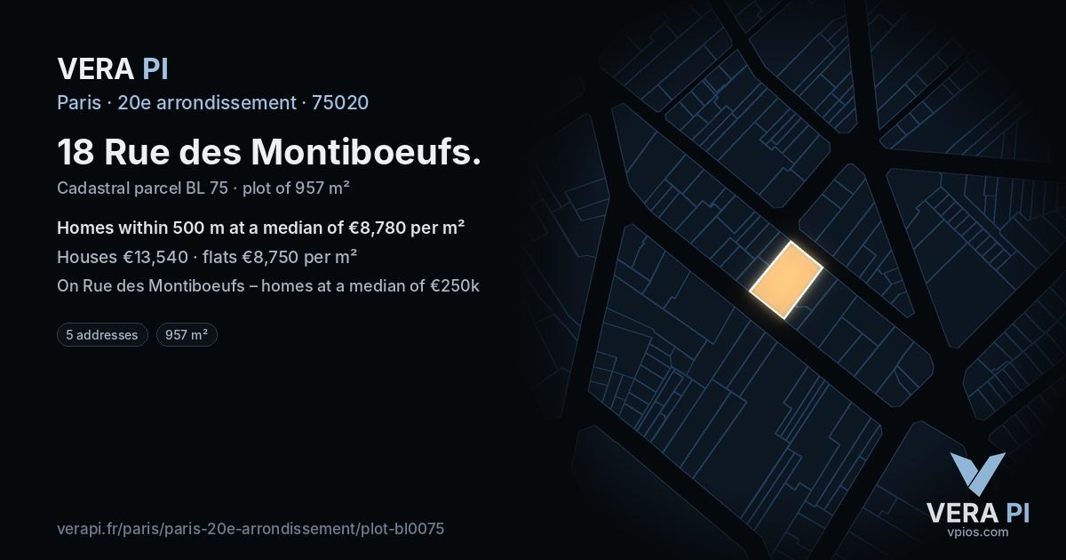 18 Rue des Montiboeufs, 20e arrondissement at night – the plot lit, the parcels around coloured by the prices near them