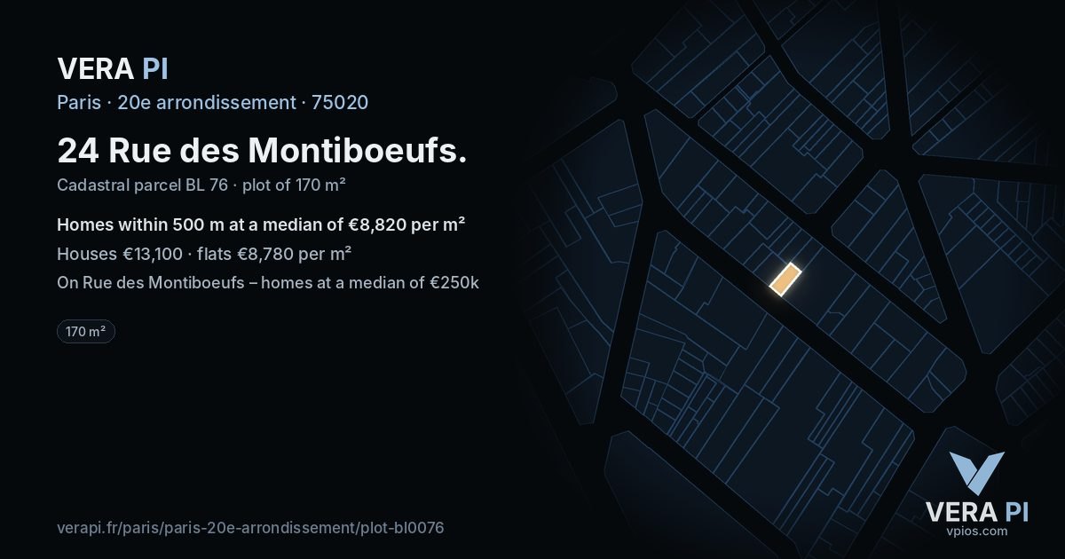 24 Rue des Montiboeufs, 20e arrondissement at night – the plot lit, the parcels around coloured by the prices near them