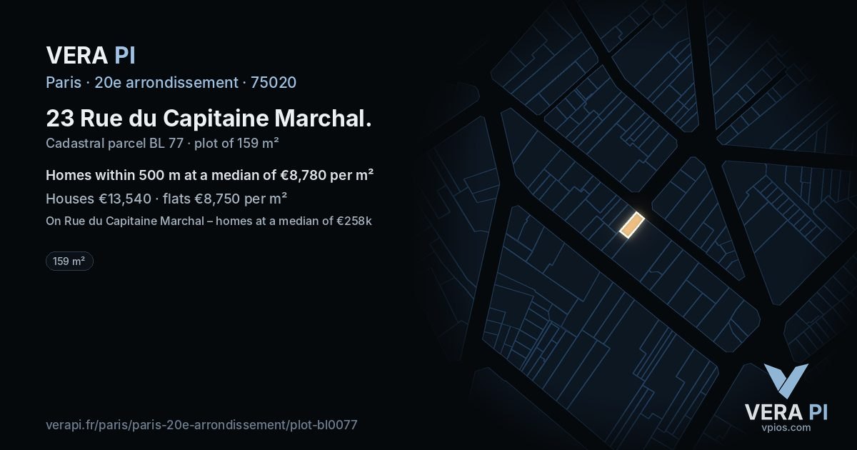 23 Rue du Capitaine Marchal, 20e arrondissement at night – the plot lit, the parcels around coloured by the prices near them