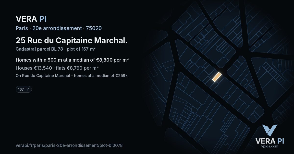 25 Rue du Capitaine Marchal, 20e arrondissement at night – the plot lit, the parcels around coloured by the prices near them