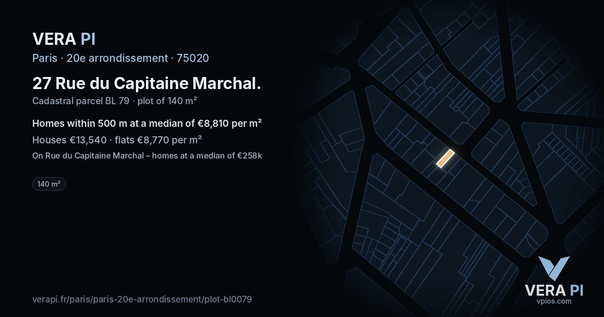 27 Rue du Capitaine Marchal, 20e arrondissement at night – the plot lit, the parcels around coloured by the prices near them