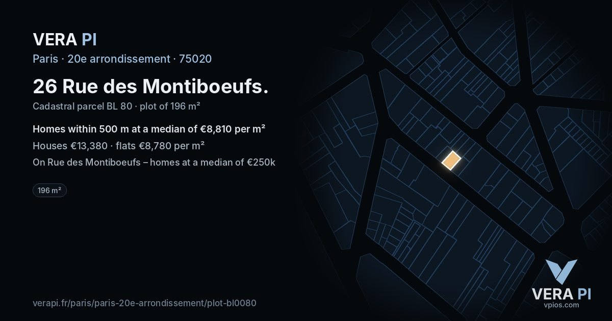 26 Rue des Montiboeufs, 20e arrondissement at night – the plot lit, the parcels around coloured by the prices near them