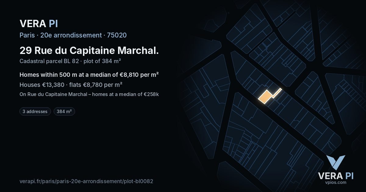 29 Rue du Capitaine Marchal, 20e arrondissement at night – the plot lit, the parcels around coloured by the prices near them