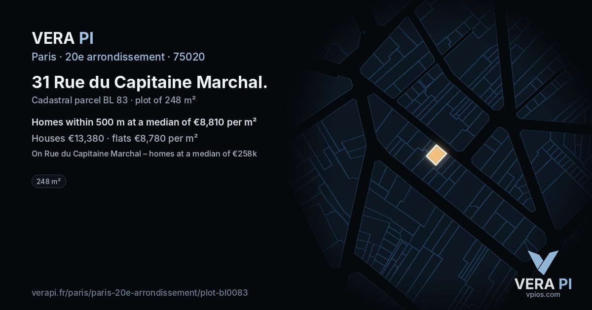 31 Rue du Capitaine Marchal, 20e arrondissement at night – the plot lit, the parcels around coloured by the prices near them