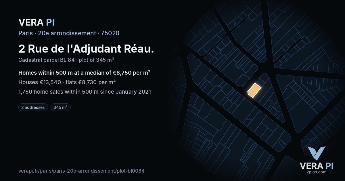 2 Rue de l'Adjudant Réau, 20e arrondissement at night – the plot lit, the parcels around coloured by the prices near them