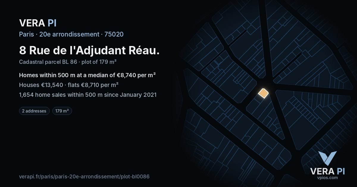 8 Rue de l'Adjudant Réau, 20e arrondissement at night – the plot lit, the parcels around coloured by the prices near them