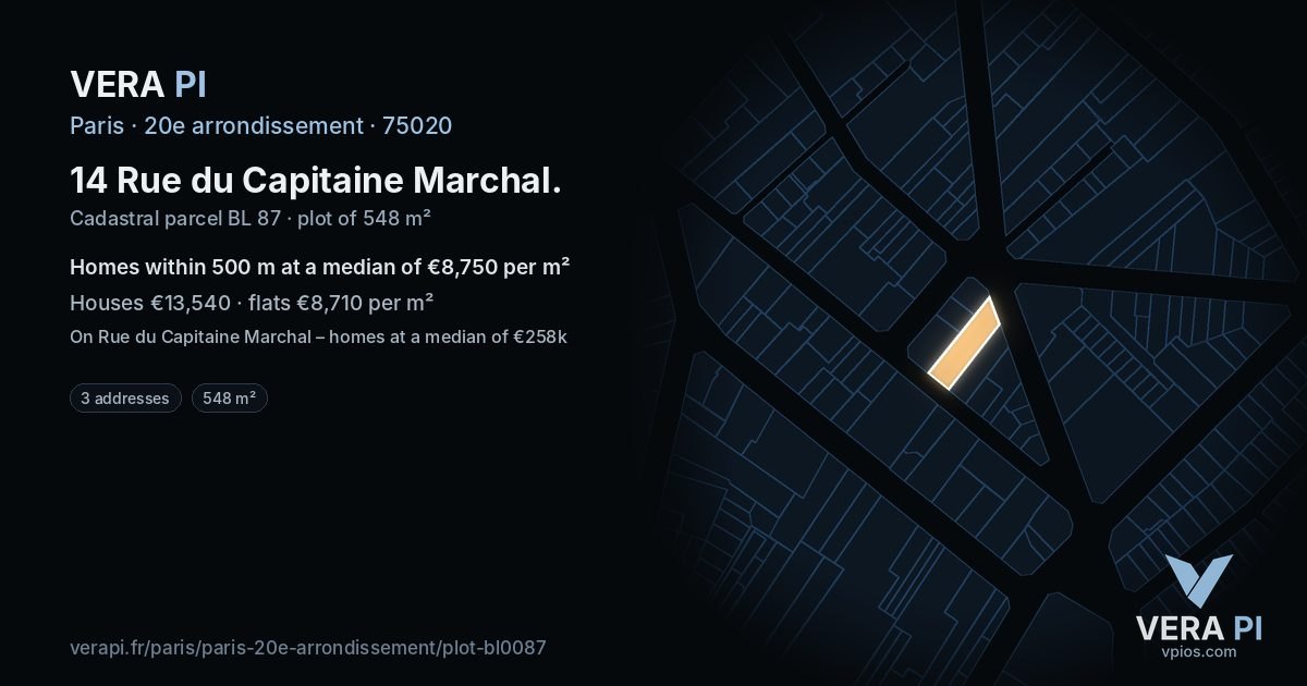 14 Rue du Capitaine Marchal, 20e arrondissement at night – the plot lit, the parcels around coloured by the prices near them