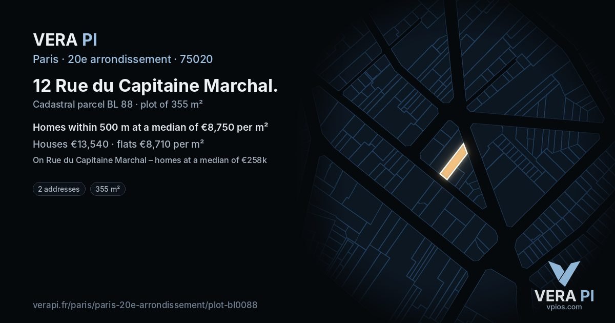 12 Rue du Capitaine Marchal, 20e arrondissement at night – the plot lit, the parcels around coloured by the prices near them