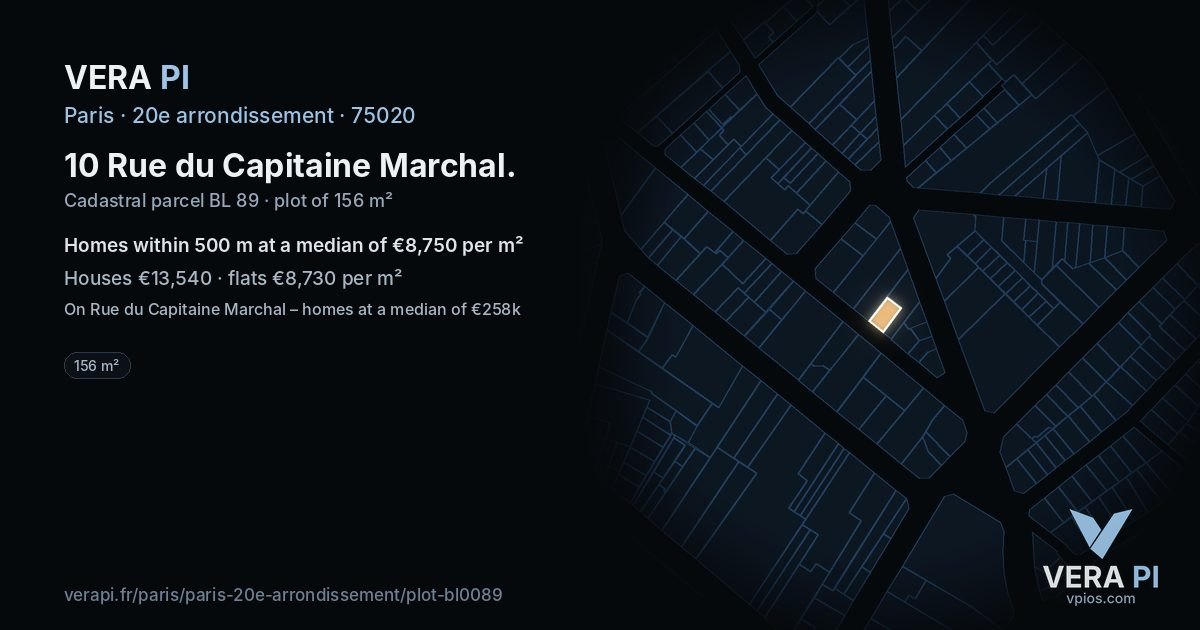 10 Rue du Capitaine Marchal, 20e arrondissement at night – the plot lit, the parcels around coloured by the prices near them