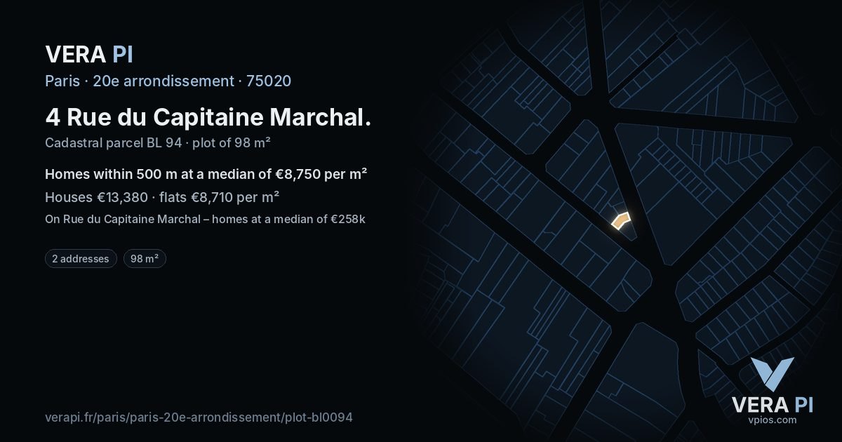 4 Rue du Capitaine Marchal, 20e arrondissement at night – the plot lit, the parcels around coloured by the prices near them