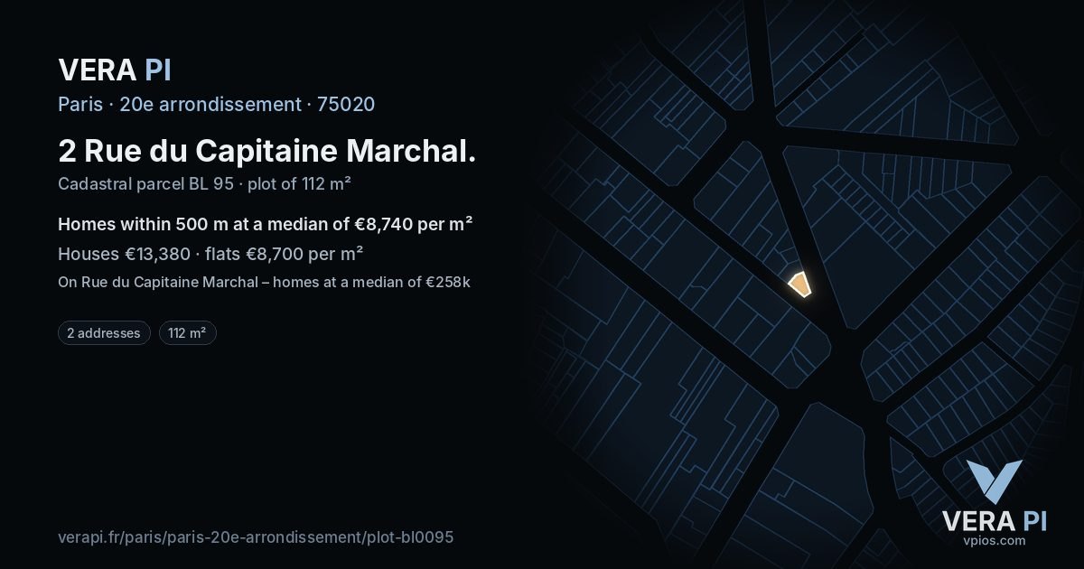2 Rue du Capitaine Marchal, 20e arrondissement at night – the plot lit, the parcels around coloured by the prices near them