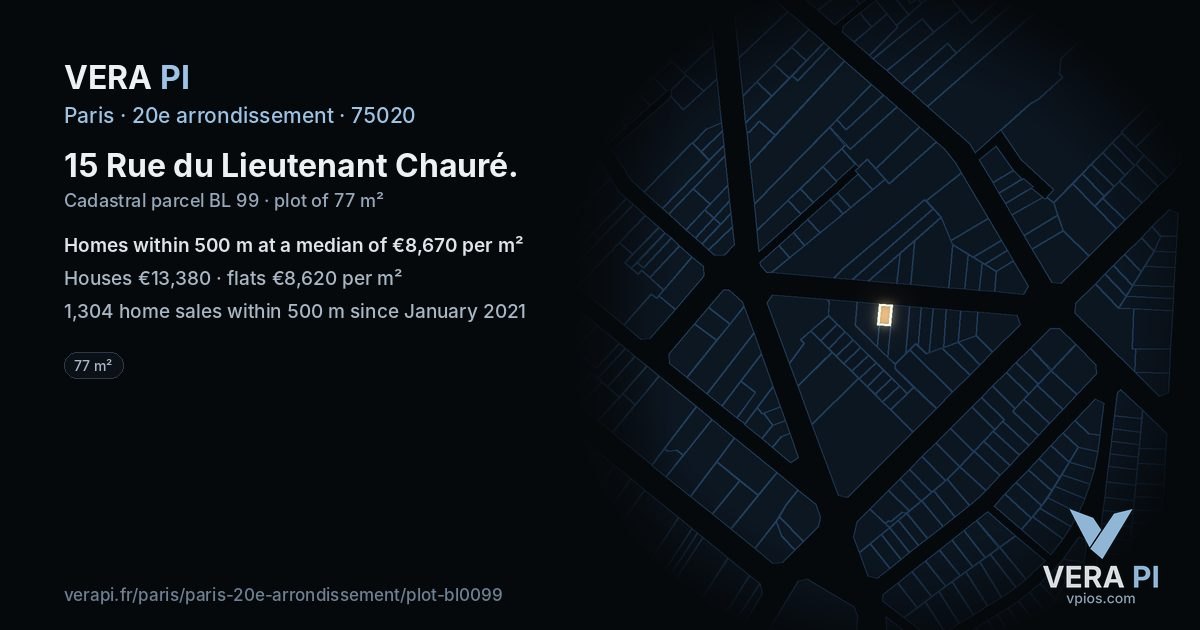 15 Rue du Lieutenant Chauré, 20e arrondissement at night – the plot lit, the parcels around coloured by the prices near them