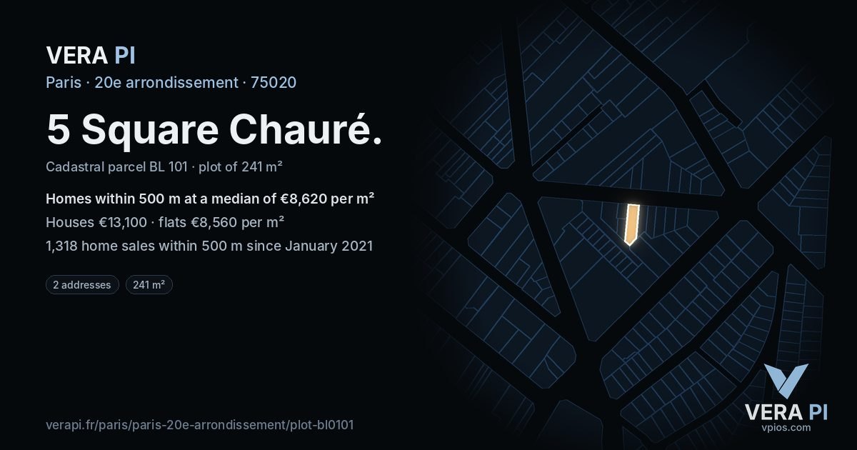 5 Square Chauré, 20e arrondissement at night – the plot lit, the parcels around coloured by the prices near them