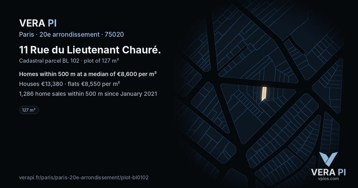 11 Rue du Lieutenant Chauré, 20e arrondissement at night – the plot lit, the parcels around coloured by the prices near them