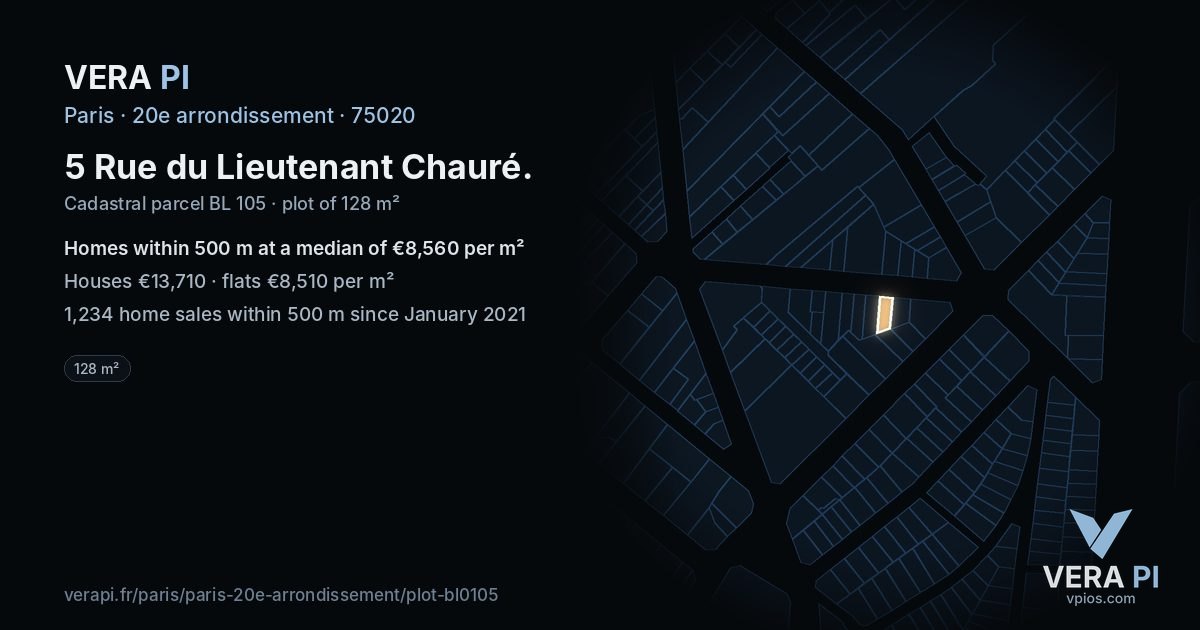 5 Rue du Lieutenant Chauré, 20e arrondissement at night – the plot lit, the parcels around coloured by the prices near them