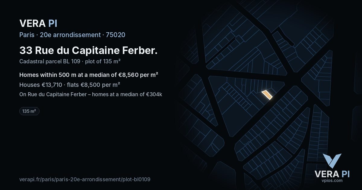 33 Rue du Capitaine Ferber, 20e arrondissement at night – the plot lit, the parcels around coloured by the prices near them