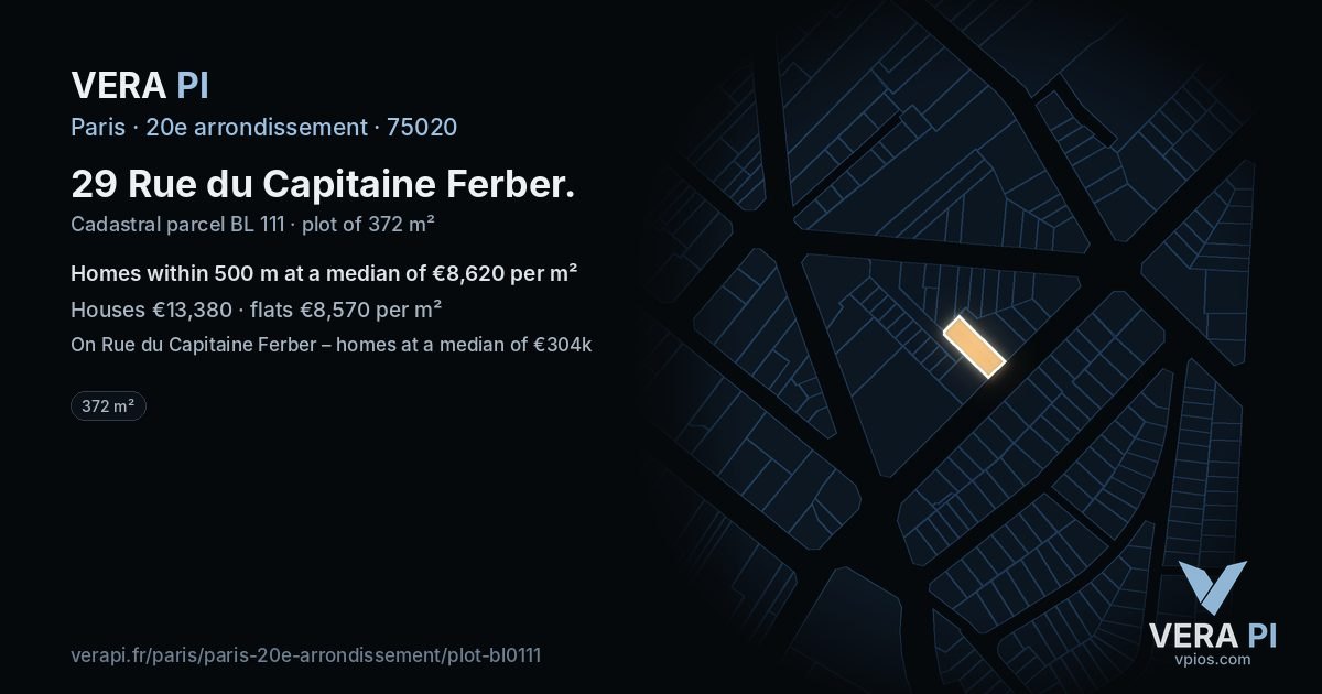 29 Rue du Capitaine Ferber, 20e arrondissement at night – the plot lit, the parcels around coloured by the prices near them