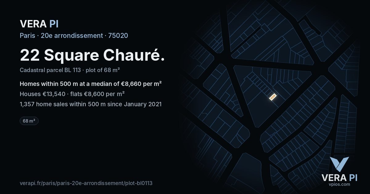 22 Square Chauré, 20e arrondissement at night – the plot lit, the parcels around coloured by the prices near them