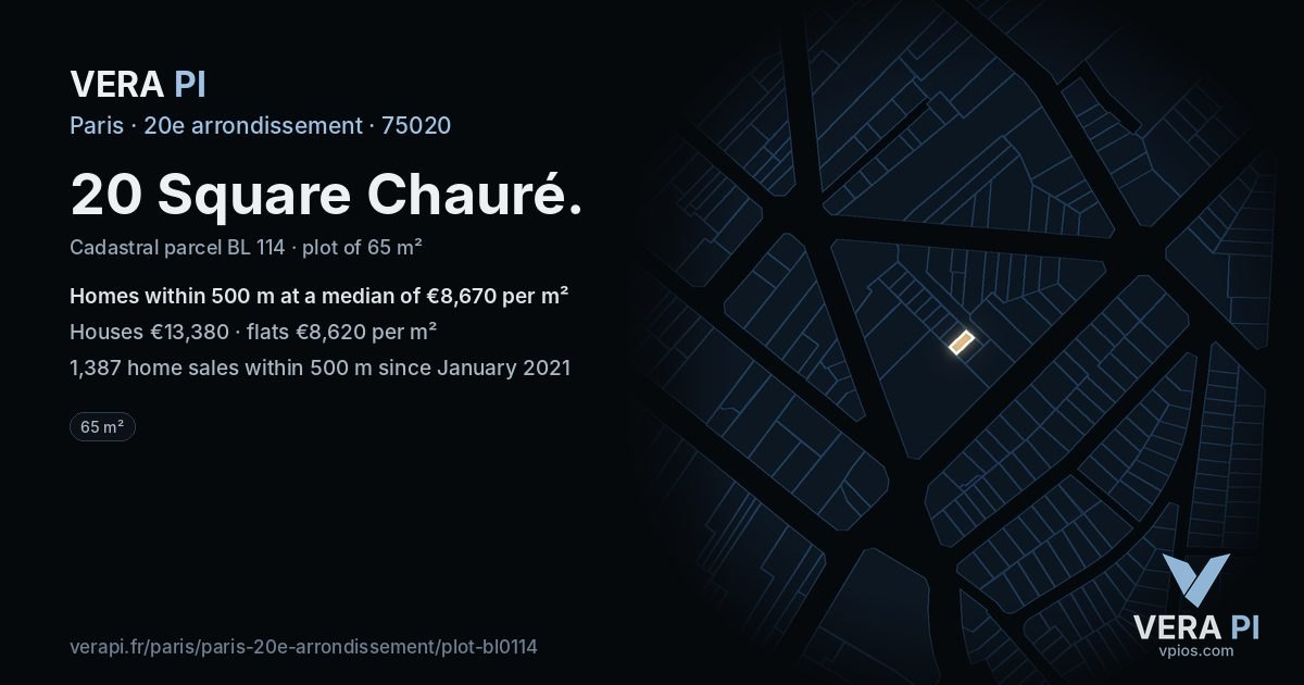 20 Square Chauré, 20e arrondissement at night – the plot lit, the parcels around coloured by the prices near them