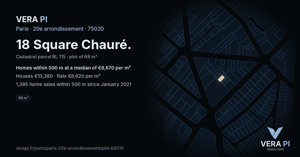 18 Square Chauré, 20e arrondissement at night – the plot lit, the parcels around coloured by the prices near them