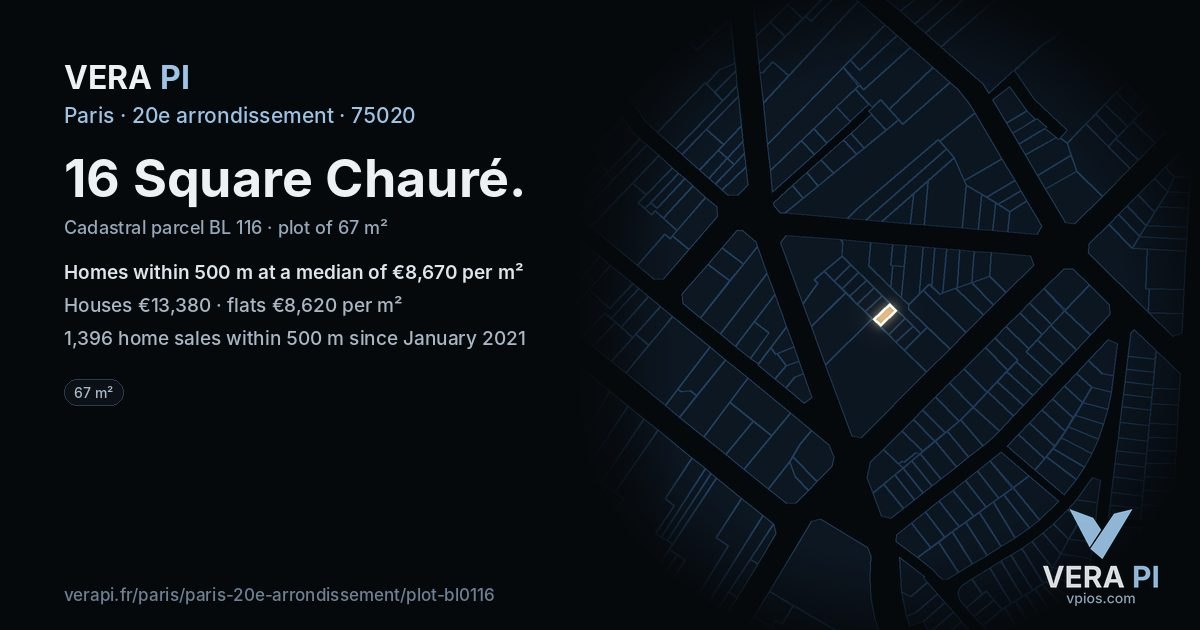 16 Square Chauré, 20e arrondissement at night – the plot lit, the parcels around coloured by the prices near them