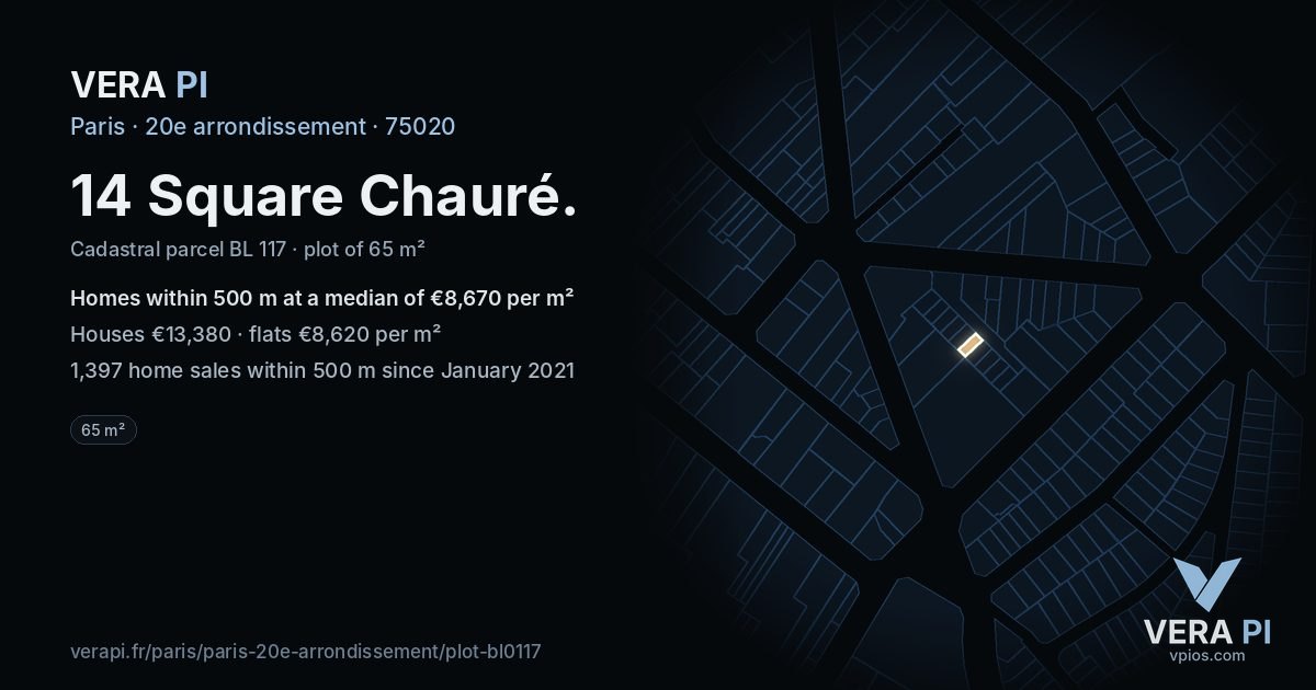 14 Square Chauré, 20e arrondissement at night – the plot lit, the parcels around coloured by the prices near them