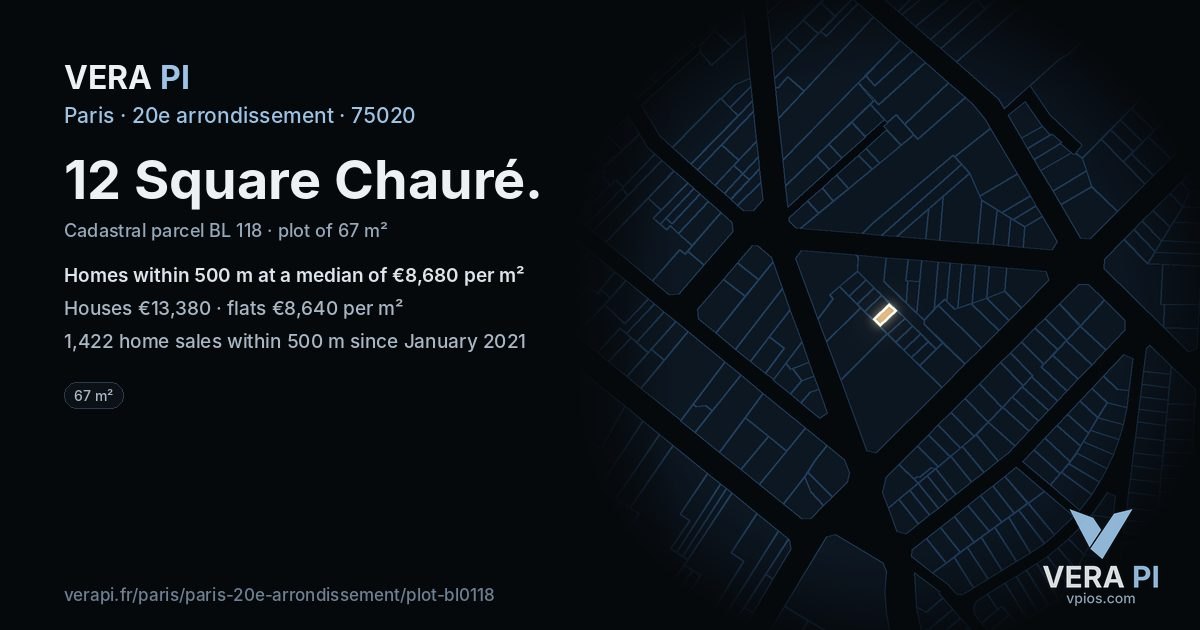 12 Square Chauré, 20e arrondissement at night – the plot lit, the parcels around coloured by the prices near them