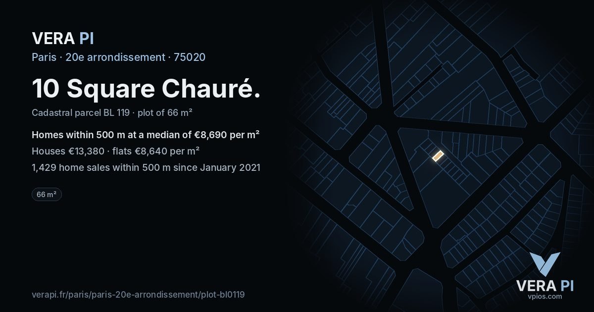 10 Square Chauré, 20e arrondissement at night – the plot lit, the parcels around coloured by the prices near them