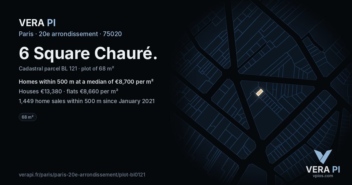 6 Square Chauré, 20e arrondissement at night – the plot lit, the parcels around coloured by the prices near them