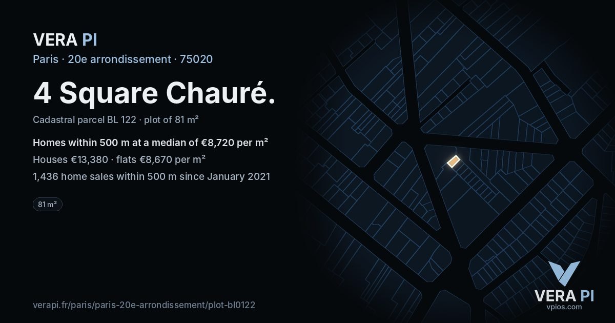 4 Square Chauré, 20e arrondissement at night – the plot lit, the parcels around coloured by the prices near them