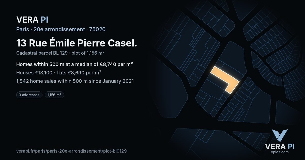 13 Rue Émile Pierre Casel, 20e arrondissement at night – the plot lit, the parcels around coloured by the prices near them