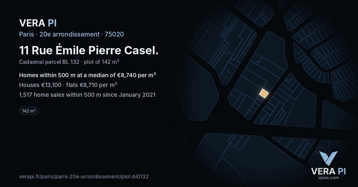 11 Rue Émile Pierre Casel, 20e arrondissement at night – the plot lit, the parcels around coloured by the prices near them
