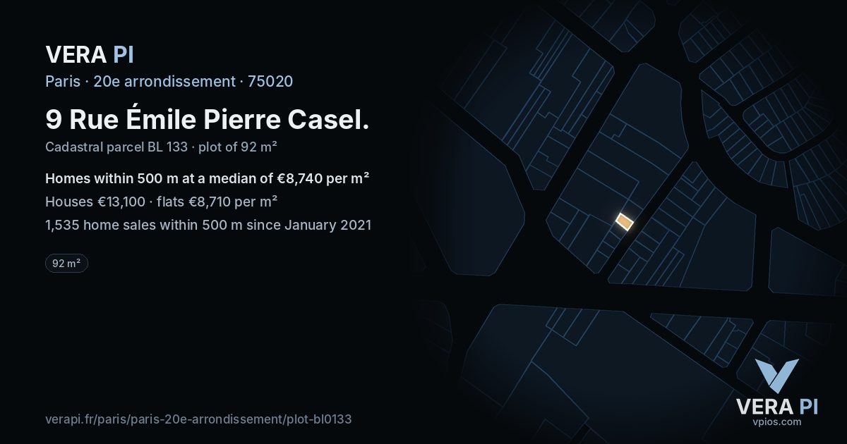 9 Rue Émile Pierre Casel, 20e arrondissement at night – the plot lit, the parcels around coloured by the prices near them